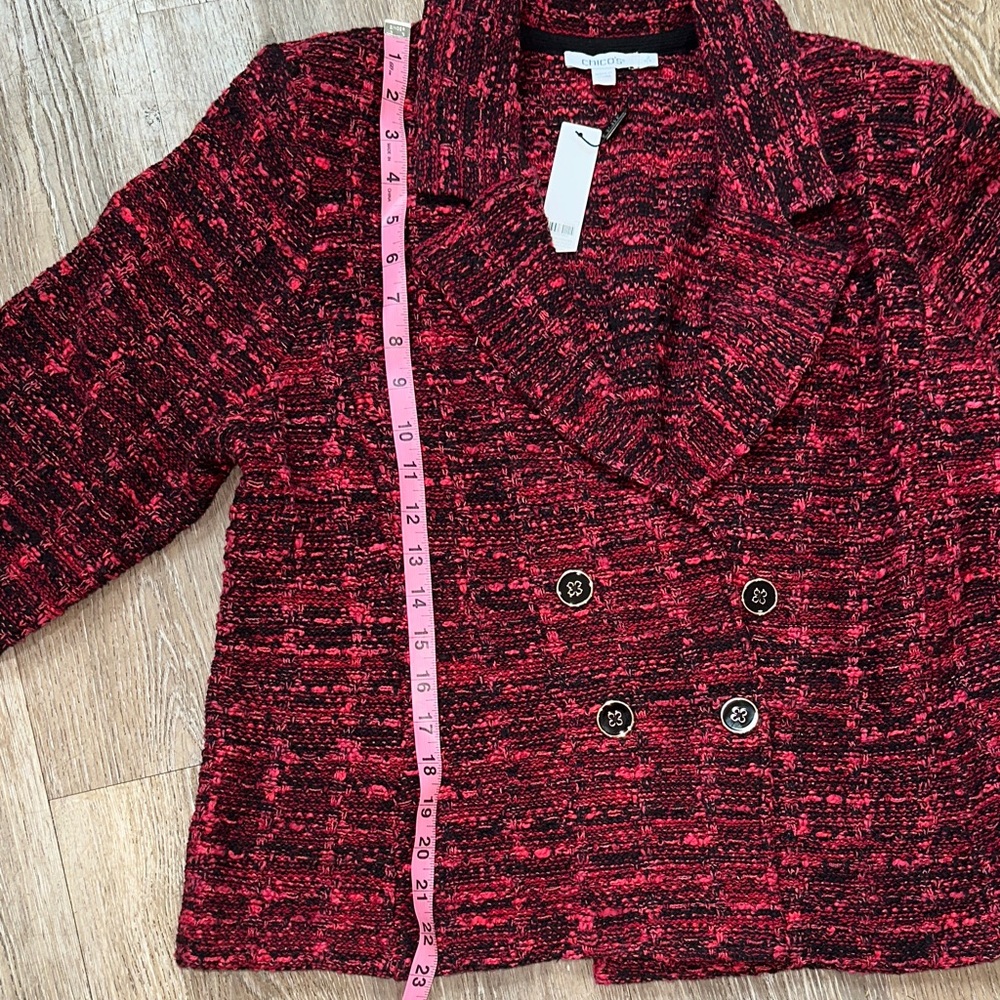 Chico's Red Allure Tweed plaid Blazer cardigan sweater - Picture 8 of 15